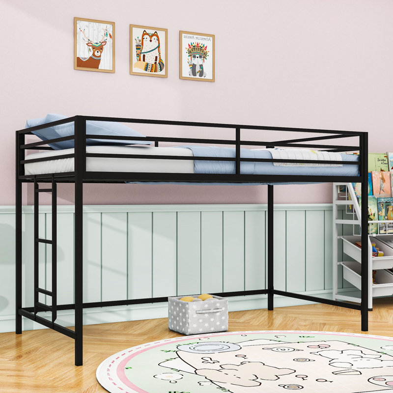 Twin Metal Loft Bed With Ladder And Guardrails