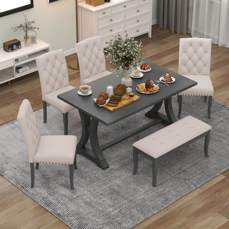 Dining Table Set, Rectangular Trestle Table And Upholstered Chairs Bench, Beige/Antique Gray, Antique Gray