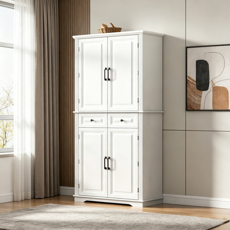 Grand garde-manger avec 3 organisateurs coulissants, texture en relief campagnard, 6 tablettes de porte et 2 tiroirs pour un rangement efficace