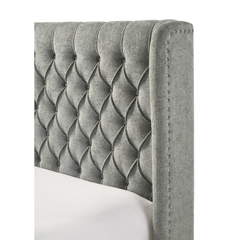 Grand lit contemporain avec tête de lit à oreilles grise en panneau doux pour la chambre à coucher, Grand lit