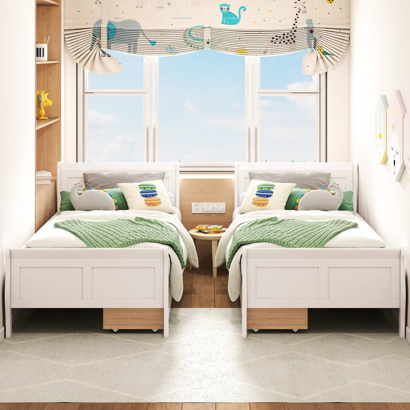 Base de lit simple avec 2 tiroirs de rangement, lit plateforme avec tête de lit, Blanc