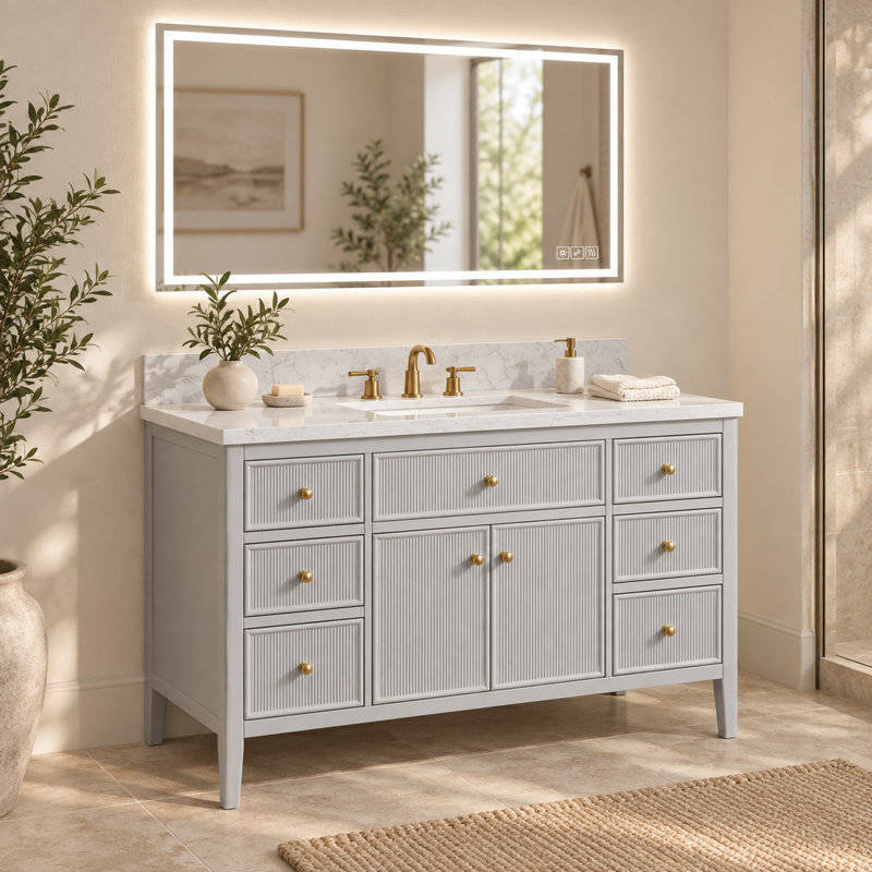 Meuble-lavabo sur pied gris mat de 122 cm avec lavabo intégré et miroir de courtoisie à DEL de 122 x 61 cm.