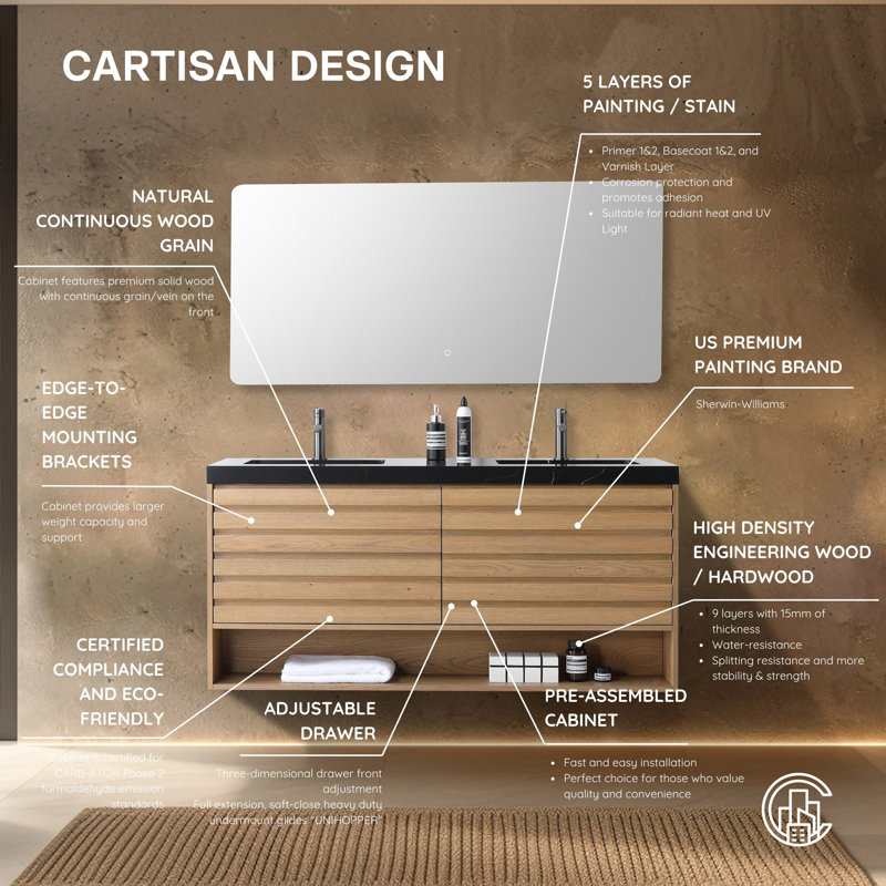 Matera 60" W Double Vanity, Pecan Oak, Black