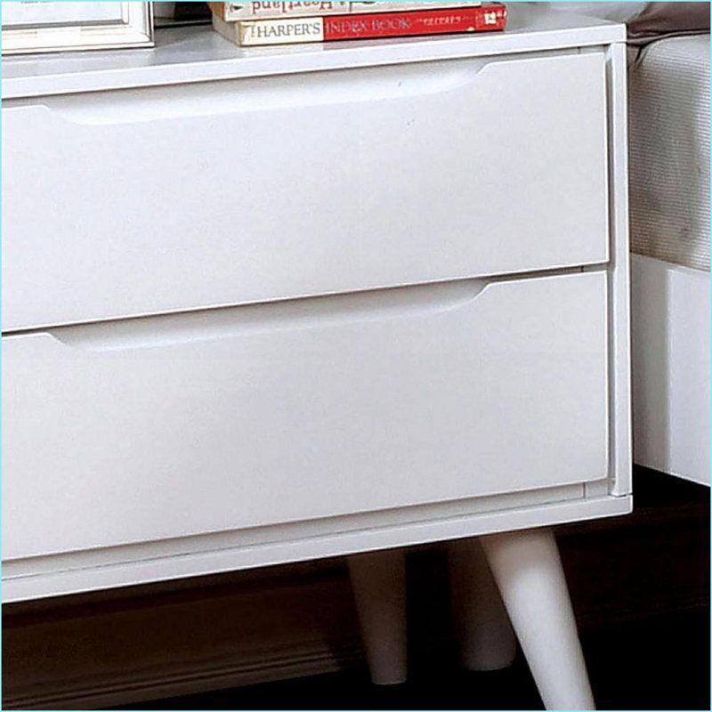 Table de chevet 2 tiroirs blanche Mid-Century avec pieds en bois massif