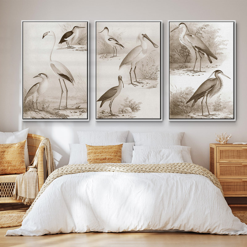 Oiseaux d'eau sépia I, ensemble de 3 toiles encadrées, Blanc, H 36 po x l 72 po