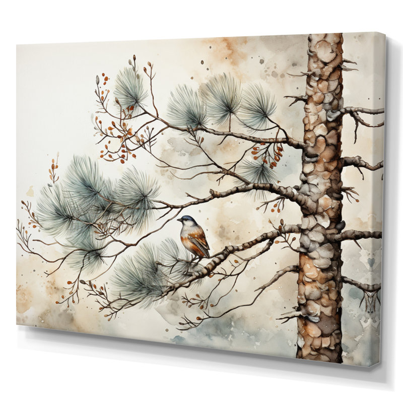 Décoration murale oiseau sur pin II, H 34 po x l 44 po x P 1,5 po, Toile tendue