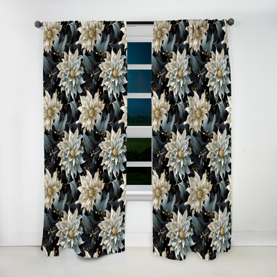 Beige And Blue Flowers Elegance - Glam Velvet Curtain - Room Darkening - 1 Panel