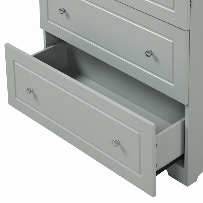 Large armoire de rangement pour salle de bain, armoire de rangement autoportante avec deux tiroirs et tablette réglable, panneau de fibres à densité moyenne avec finition peinte
