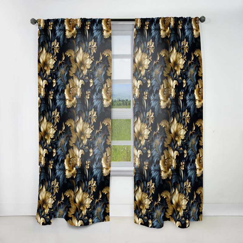 Dark Blue And Golden Gilded Damask Glamour I - Bohemian Velvet Curtain - Room Darkening - 1 Panel, 52" W x 108" L