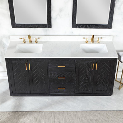 Gazsi 72"" Double Bathroom Vanity Set In Brown Oak With Grain White Composite Stone Countertop With Mirror -  Everly Quinn, 3A47F486EC164BBCB0F6E36BE47ACAD8