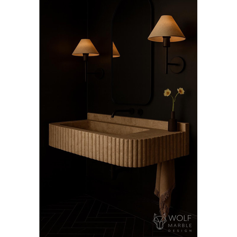 Lavabo de salle de bain mural en travertine sculpté à la main - 24 po x 16 po x 6 po