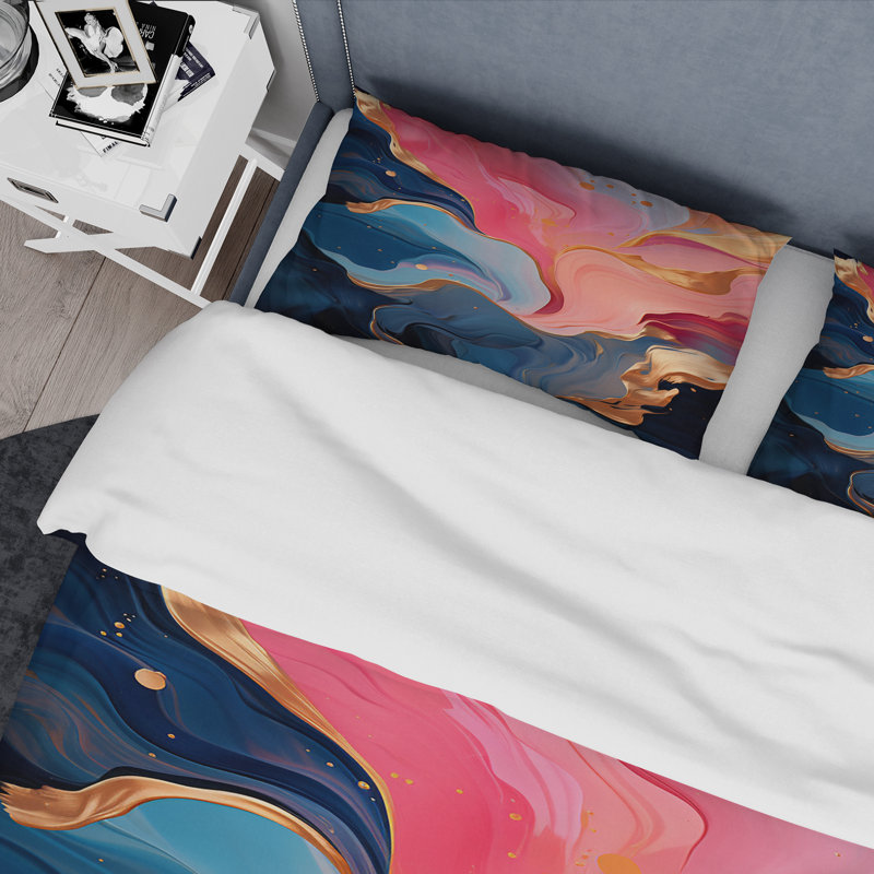 Ensemble de housse de couette à l'encre liquide rose et or, Housse de couette pour très grand lit et 2 très