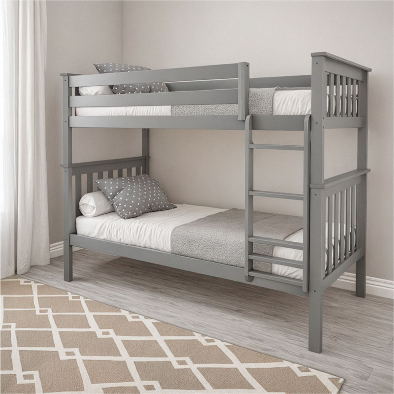 Twin over Twin Solid Wood Slat Standard Bunk Bed with Straight Ladder, Gray