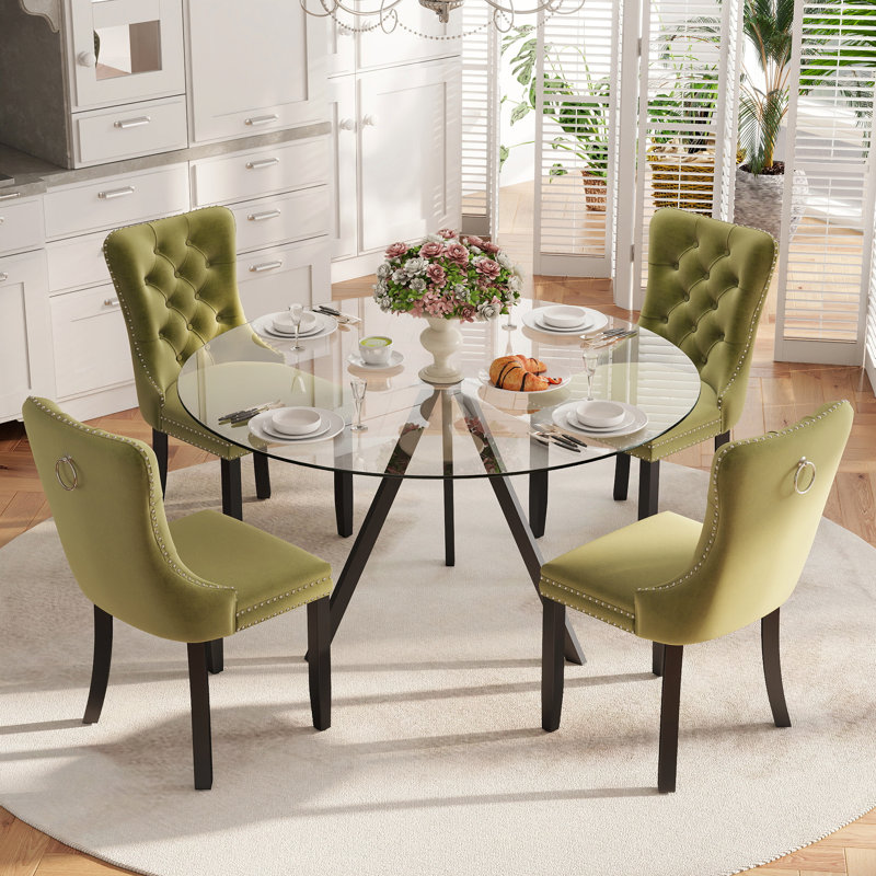 Ensemble de salle à manger à piédestal 5 pièces, H 30 po x l 47 po x P 47 po, Vert olive