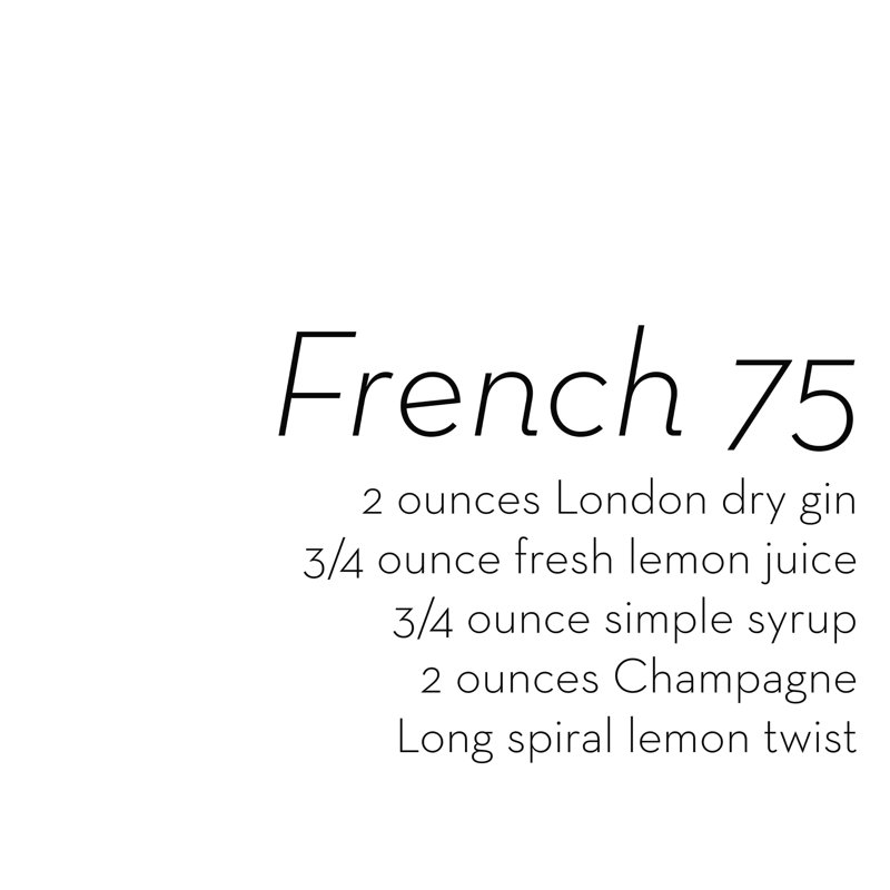 «French 75 Recipe», art textuel sur toile tendue, H 12 po x l 12 po