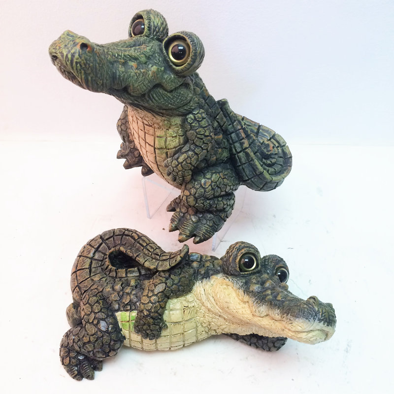 Whimsical Green and Beige Resin Alligator Garden Statue Set