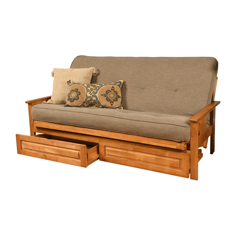 Stratford Full-Size Futon Frame Includes Storage Drawers and Mattress, Premium Pocket Coil, Linen Stone, Butternut
