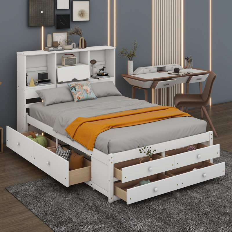 Platform Bed with Storage Headboard And 8 Drawers, Queen, White