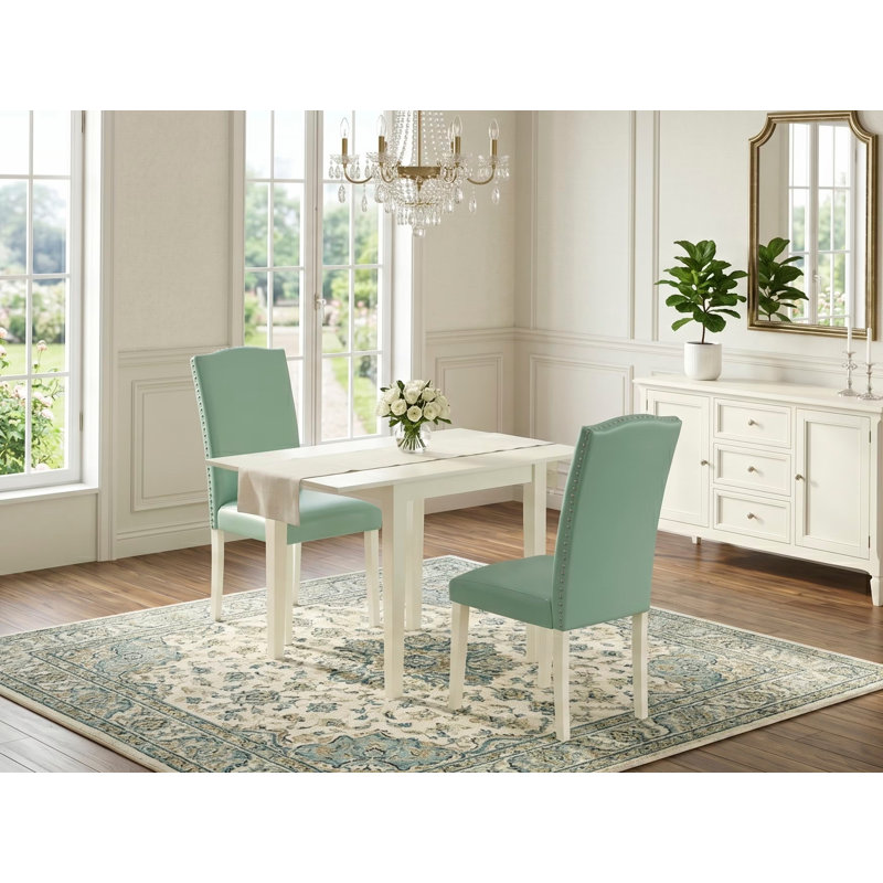 L'ensemble de meubles de salle à manger 3 pièces contient une table de salle à manger rectangulaire avec Dropleaf et 2 chaises Parsons en simili cuir pour étang, 30 x 48 pouces, lin blanc