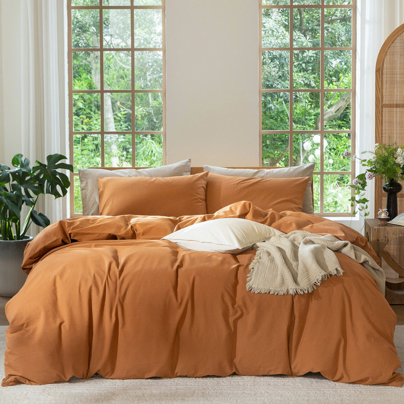 MooMee Lightweight Duvet Cover Set with Zipper Closure 8 Ties 100% Washed Cotton Linen Like Textured Soft Breathable All-Season