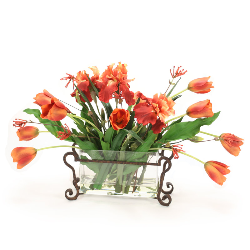 Tulipes orange avec iris en verre rectangulaire avec support en métal