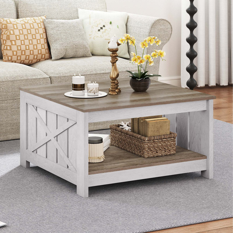 Vesely Farmhouse Square Coffee Table with Storage, Brown/Gray Wash