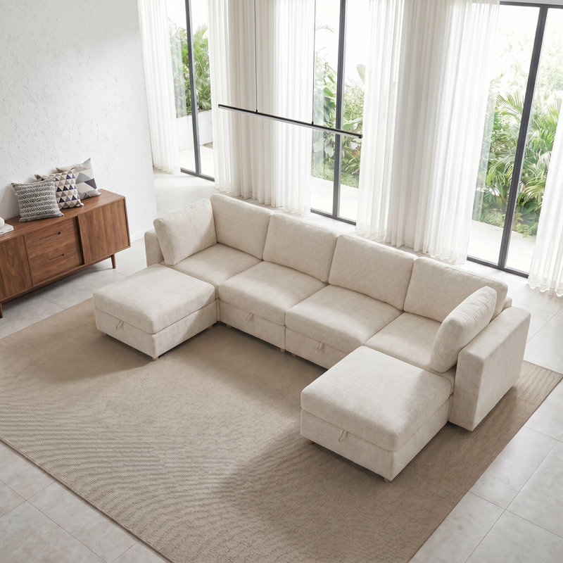 Modular Sectional Sofa Seat, Convertible Sofa With Storage, Multifunctional Folding Fabric Sofa Set, 6 Seater Sofa (Beige)