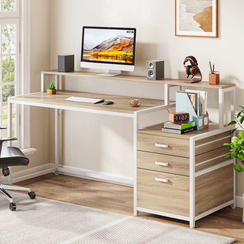 Metal Base Computer Desk, Beige, White/Beige