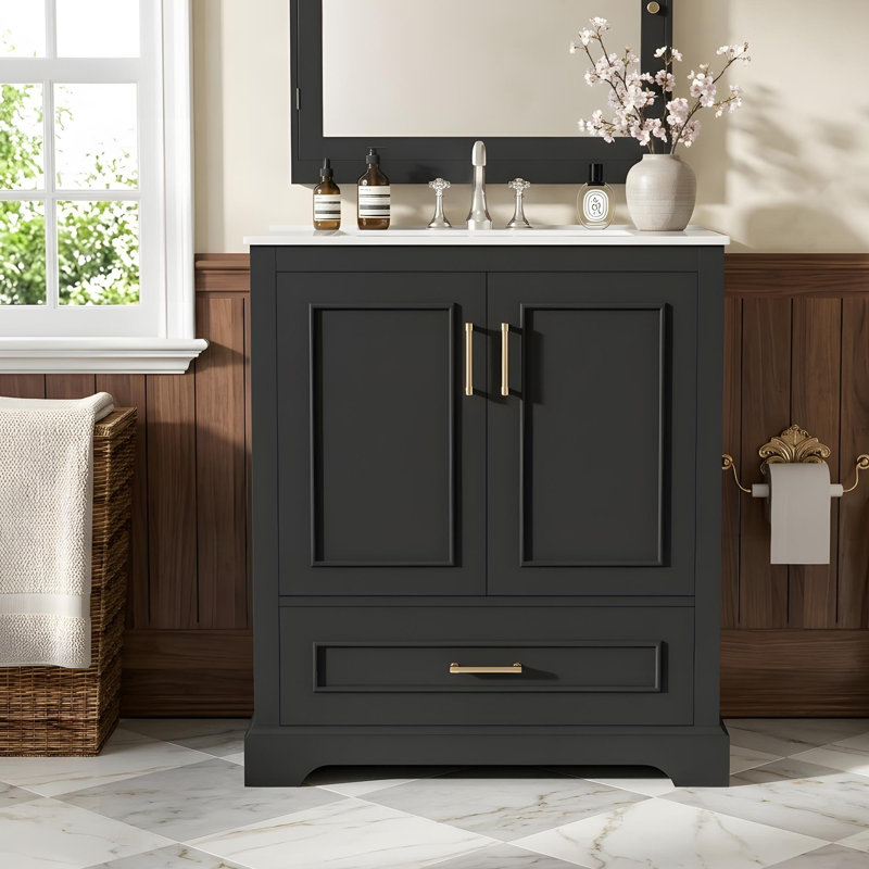 Bathroom vanity with a ceramic sink, compartmentalized drawers, soft-close doors, and a cabinet shelf, Black, 30