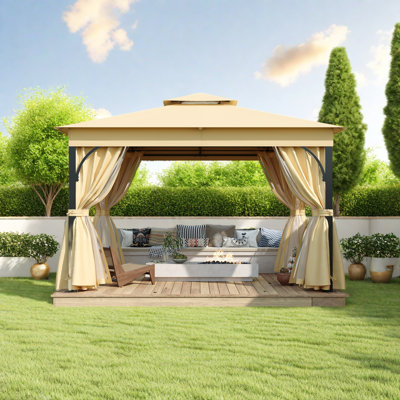 Tente d'extérieur pour abri de jardin avec double toit, abri de jardin avec moustiquaire et écrans d'intimité, auvent de patio pour l'ombre et la pluie pour la cour, le jardin, la pelouse et la terrasse