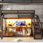 Grand lit mezzanine en métal industriel avec bureau intégré et prise de courant, bande à DEL, cadre de lit mezzanine en métal avec paniers de rangement en panneau perforé et en filet, escalier de rangement avec garde-robe, noir-132252528