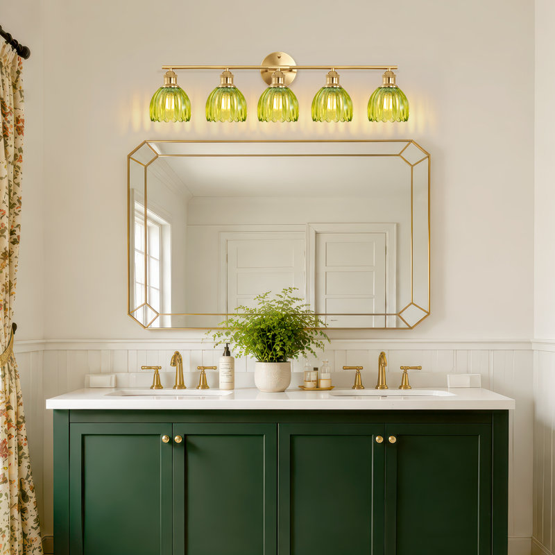 Éclairage pour salle de bain moderne à 5 lumières avec abat-jour en verre tulipe vert, éclairage mural de salle de bain pour chambre à coucher, cuisine, salon
