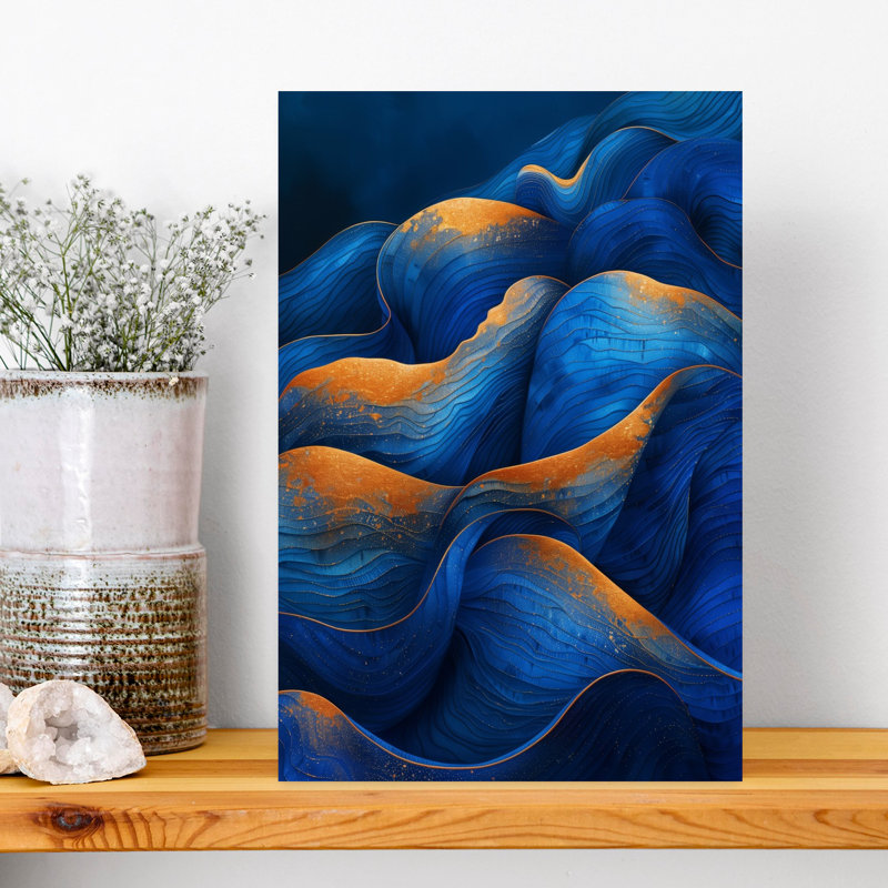 Vagues dorées bleues abstraites, art mural moderne et élégant, H 18 po x l 12 po