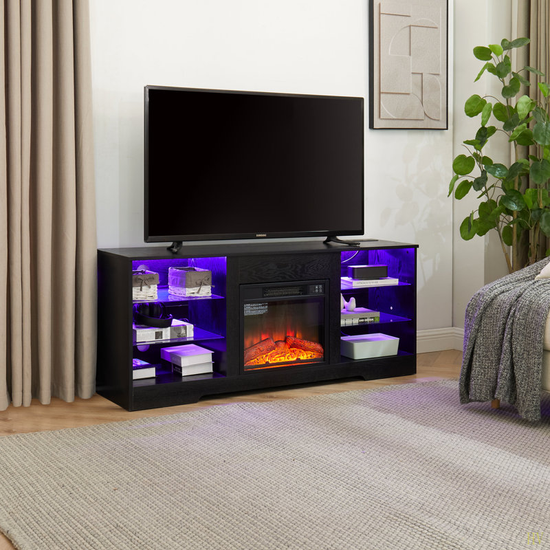 TV Stand Electric Fireplace Glass Shelves, 3D Fireplace TV Stand With LED Lights Wood With USB Charging Outlet Modern Television Table Center For TV Up To 62"  58''W*15.5''D*24.4