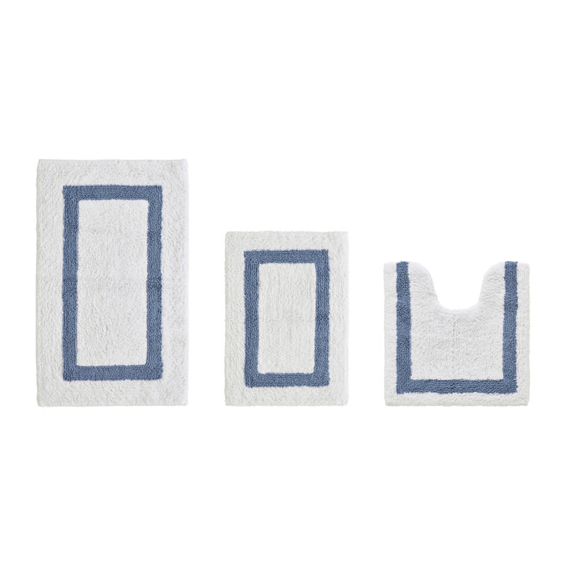 Atle Reversible Cotton Tufted Bath Rug Set, 3PC (17" x 24" | 20" x 20" | 21" x 34"), White/Dark Blue