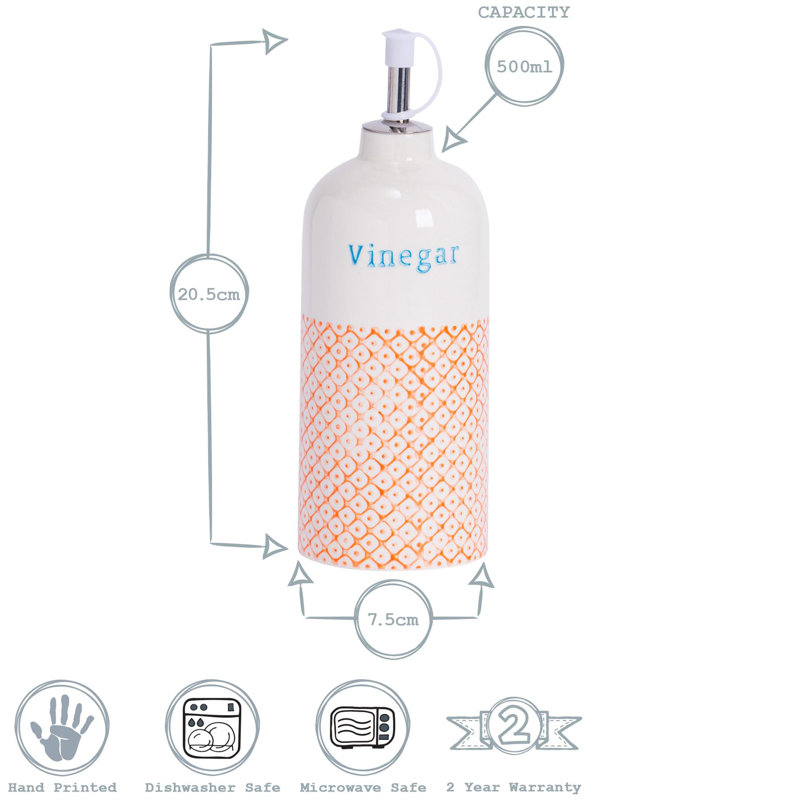 Nicola Spring 2 Piece Hand-Printed Oil & Vinegar Pourer Bottles Set - 500ml - Orange
