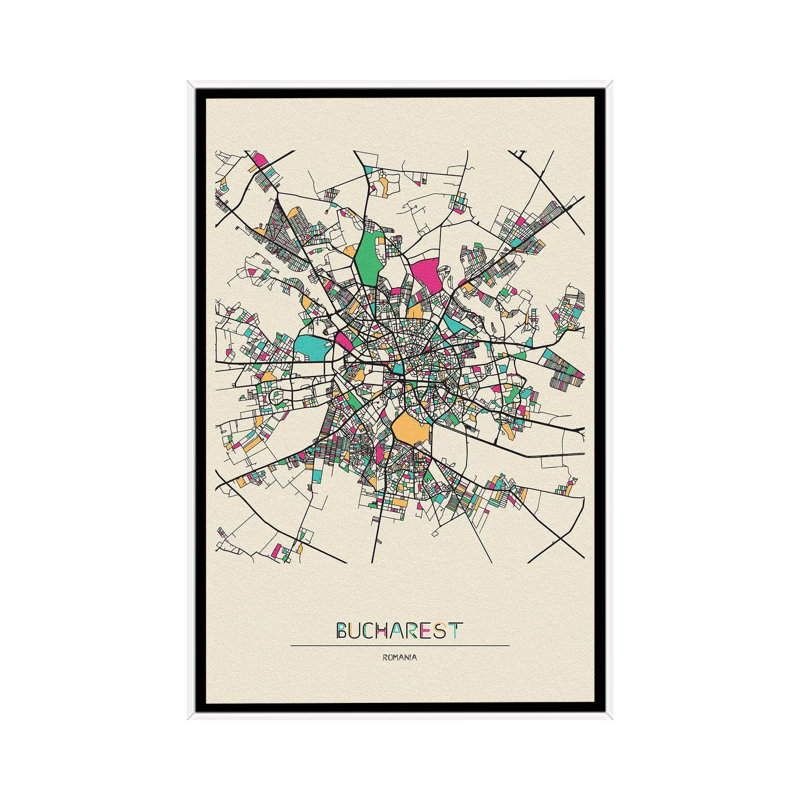 Bucharest, Romania Map by Ayse Deniz Akerman - Print on Canvas, 152.5 cm H x 101.5 cm W, White Floater Frame