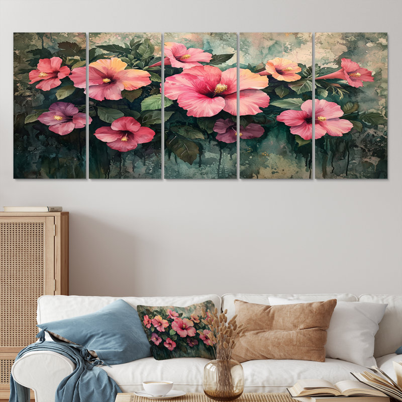 Fleurs d'hibiscus en harmonie tropicale I - art mural hibiscus - décoration murale traditionnelle, H 28 po x l 60 po, 5