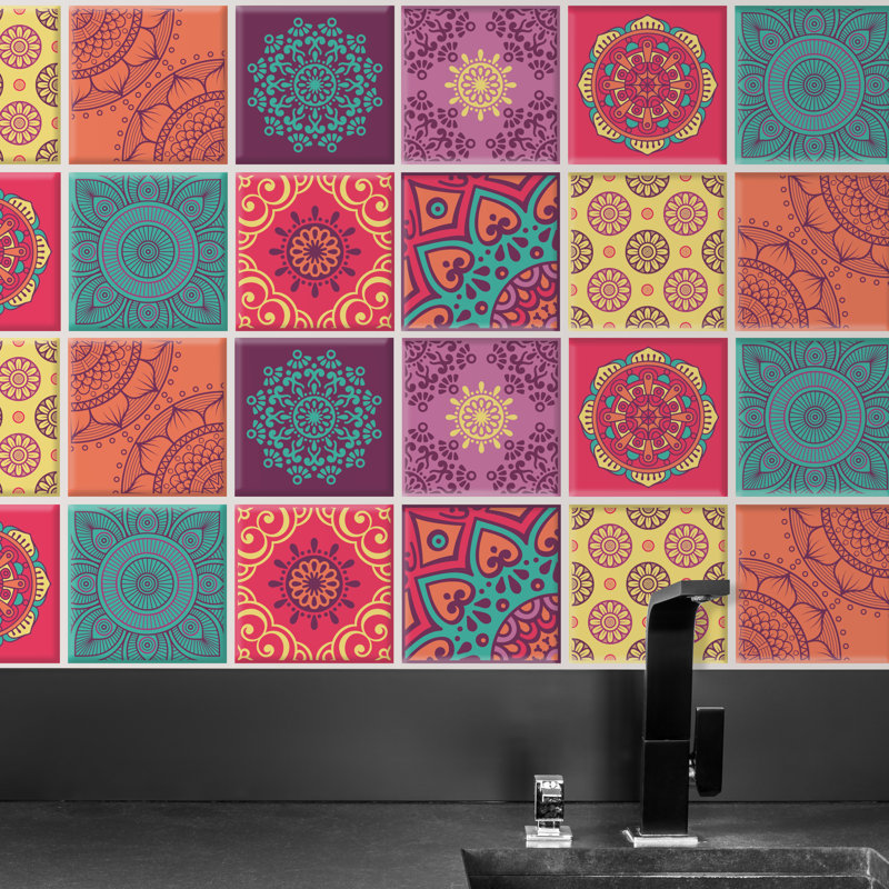 Colourful Mandala Spanish Glossy 3d Sticker Tile 15.4 Cm (6 in) - 16pcs in a Pack