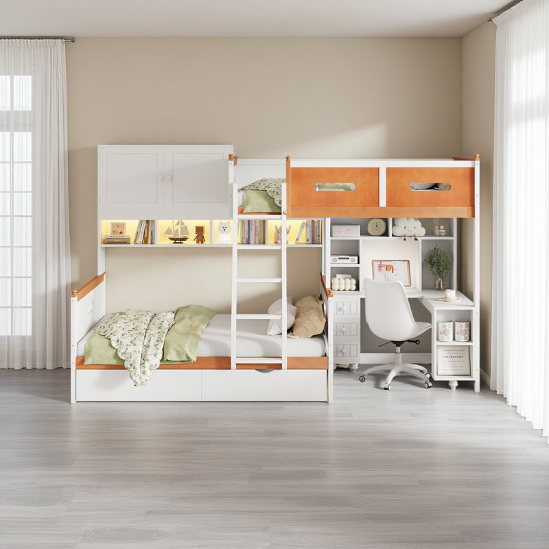 Harriet Bee Twin Over Full Wooden Bunk Bed With Wardrobe, Drawers ...