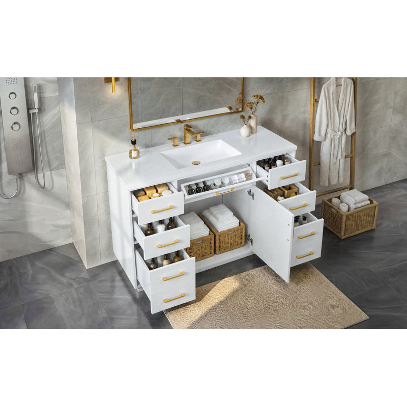 Meuble-lavabo autoportant de 122 cm (48 po) avec comptoir en composite, 7 tiroirs et 1 porte à fermeture amortie, blanc