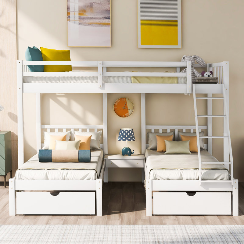 Lit superposé simple en bois avec tiroirs et garde-corps Roomfitter, Blanc