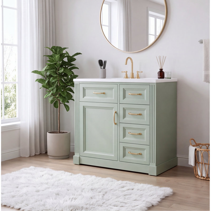 Meuble-lavabo moderne 36 po avec lavabo en céramique, 4 tiroirs, armoire à fermeture douce, finition verte