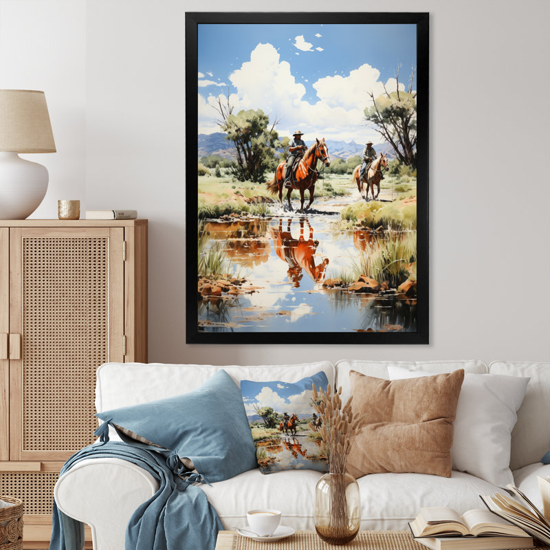 Yeleina " Cowboy Ranch Reflections Cowboys ", Black Picture Framed, 20" H x 12" W x 1" D