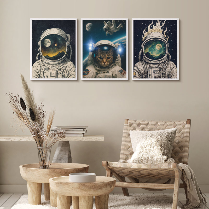 «Astronaut Cat Space», ensemble de 3 impressions murales encadrées «Cosmic Sci-Fi Astronaut» pour la chambre à coucher ou la salle de jeux