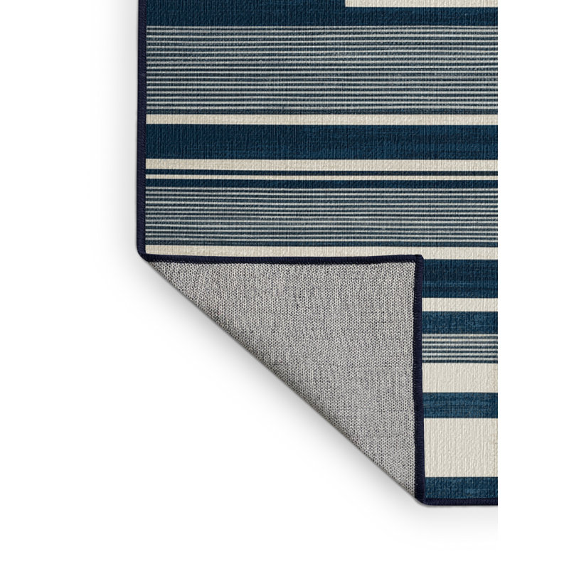 Washable Steel Blue White Striped Area Rug, Rectangle 7' x 10'