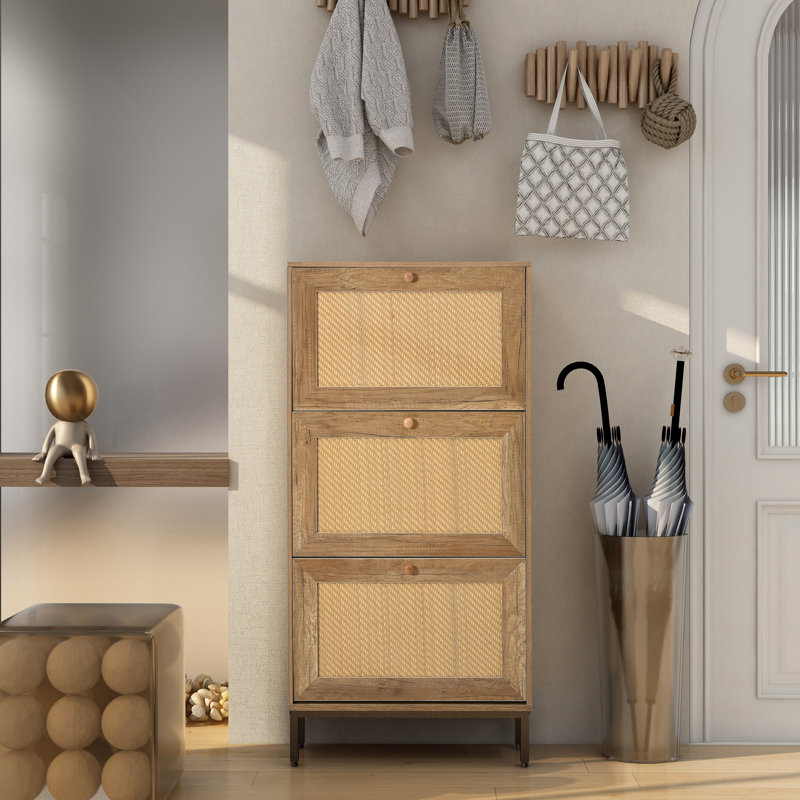 Armoire à chaussures 3 tiroirs en rotin avec pieds en métal