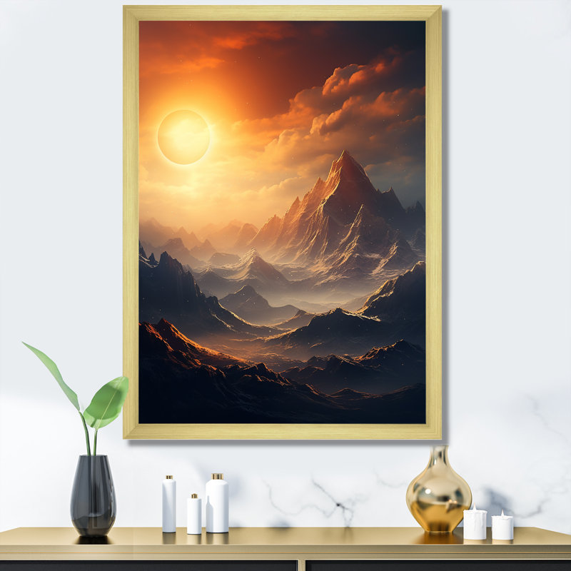 Lunar Space Mountain Landscape I - Art mural paysages spatiaux, Cadre photo doré simple, H 32 po x l 24 po x P 1 po