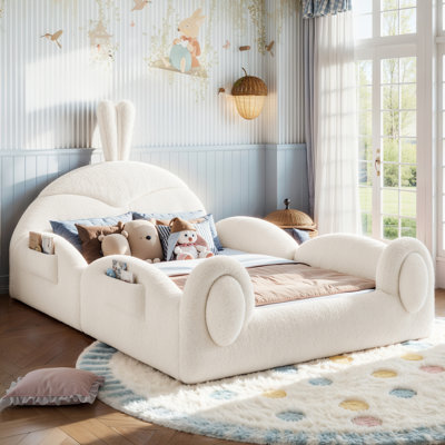 Lit de sol rembourré pour enfant, tête de lit lapin mignonne, cadre de lit avec poches de rangement latérales, lit plateforme bas pour chambre d'enfant, beige