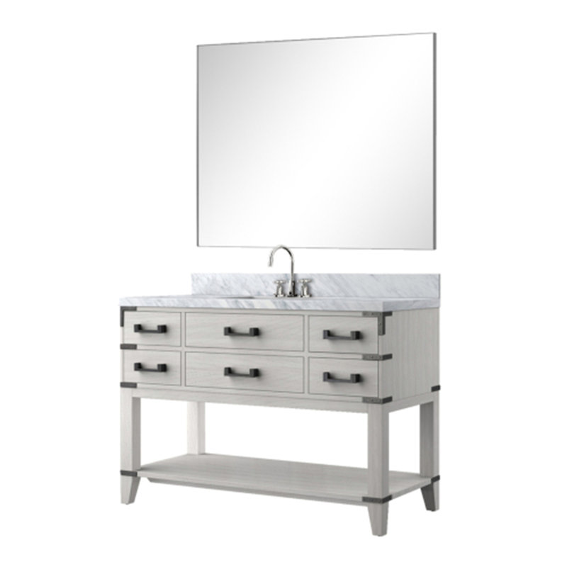 Meuble-lavabo simple.  Comptoir en marbre de Carrare, ensemble de robinet et miroir, Chêne blanc